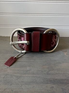 Coach Burgundy Signature Canvas & Leather Belt with Double Ring Buckle